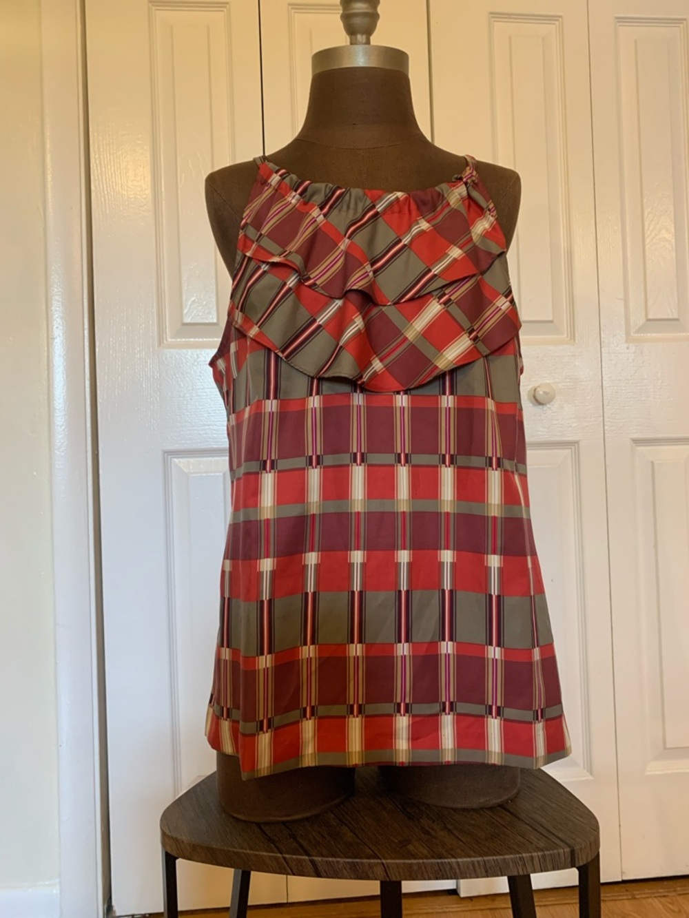 Banana Republic Red Multi Plaid Ruffle Neck Camisole